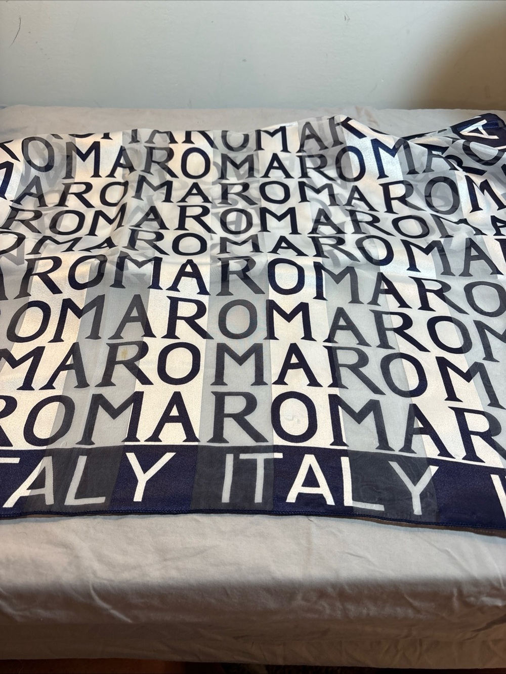 ROMA Text Logo Silk Scarf in Navy and White